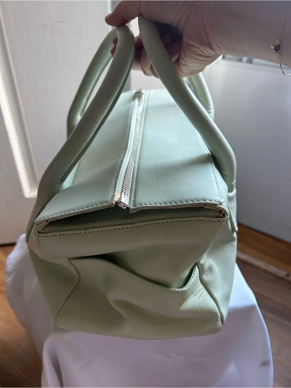 molton brown london sage green vintage leather satchel tote
